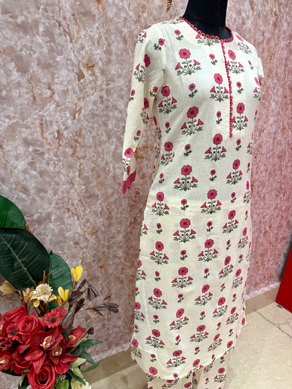 Blush Blossom: Rose Pink Floral Flex Cotton Kurta Set