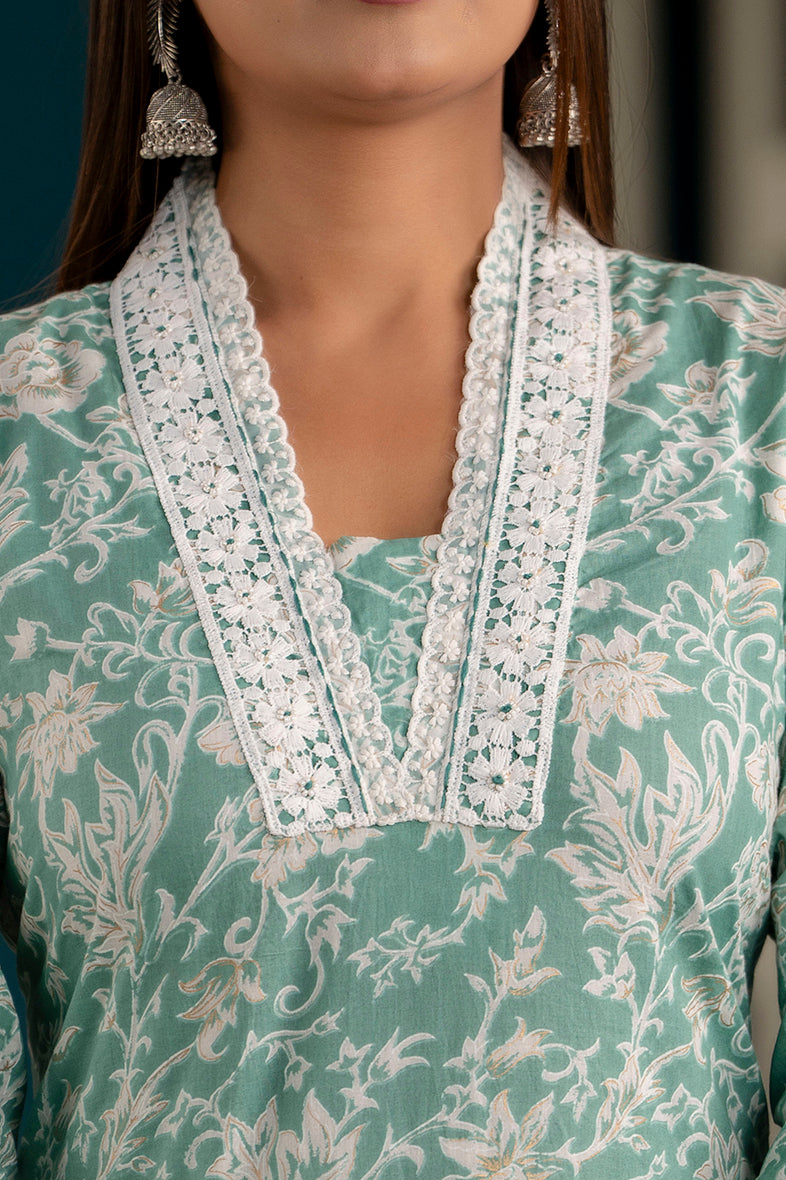 Floral Suit With Thread Work On Neck