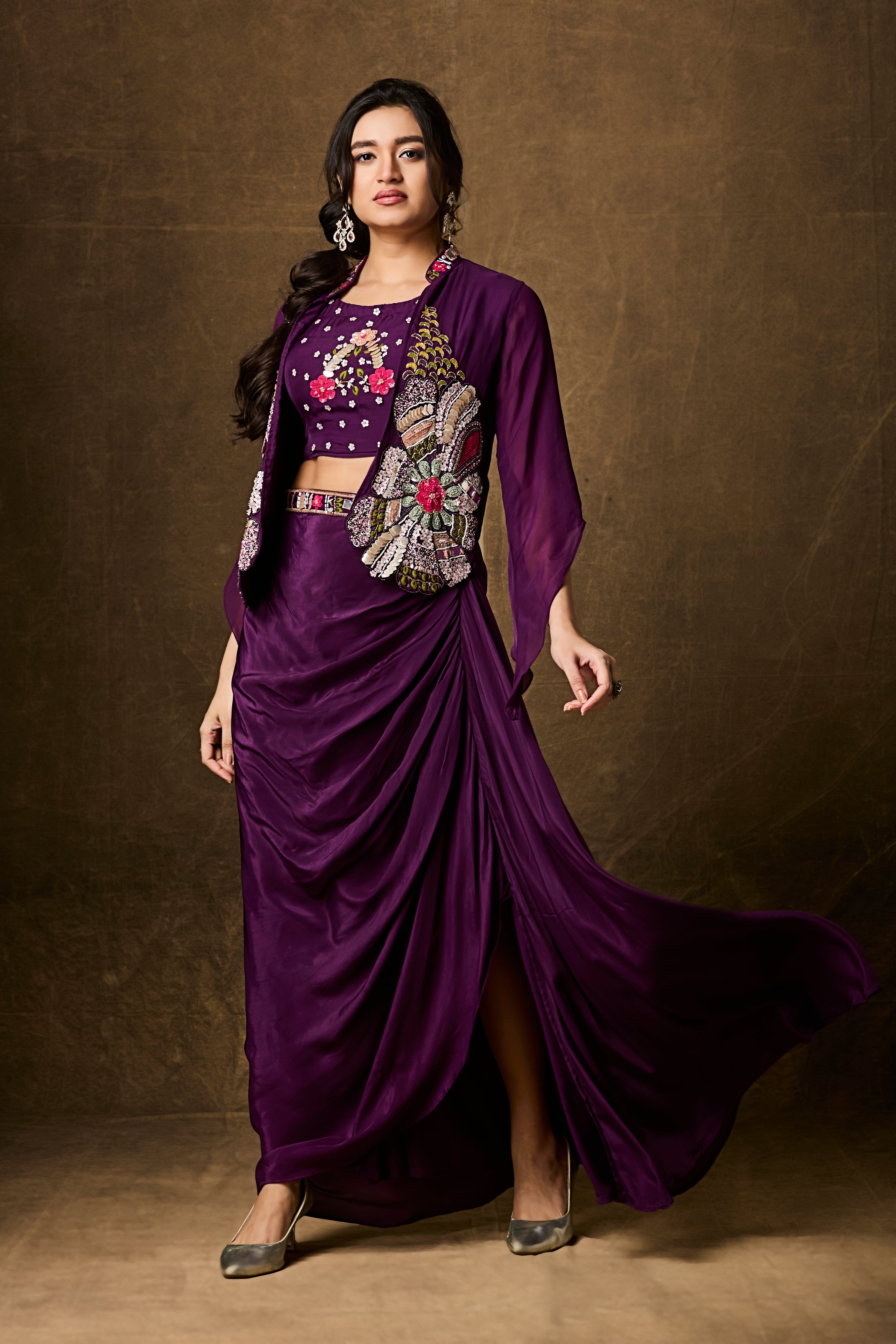 Purple Draped Skirt Set with Embroidered Jacket
