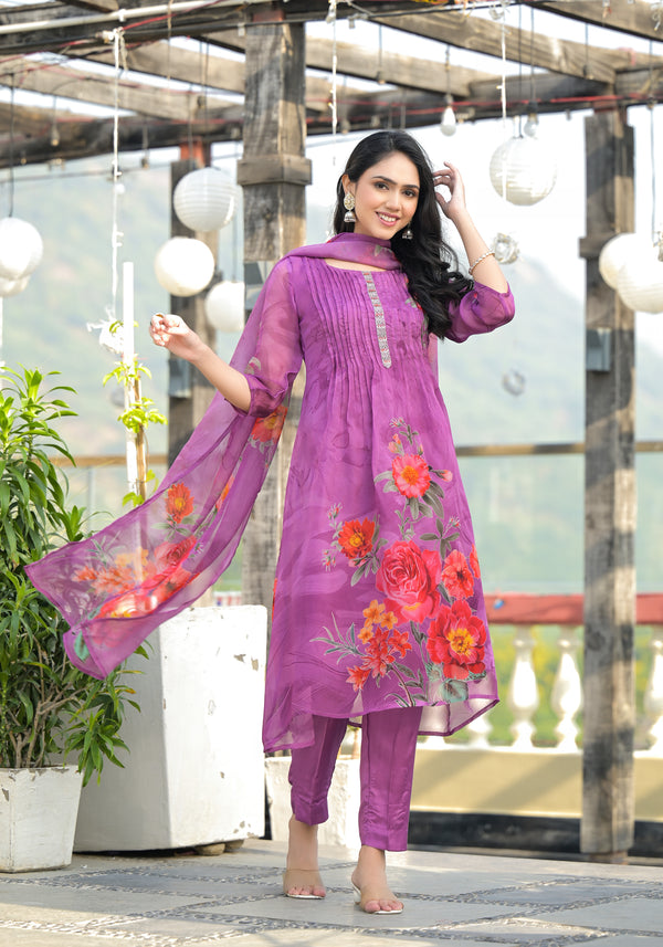 Purple Orgenza Suit Set With Elegant Neck Work
