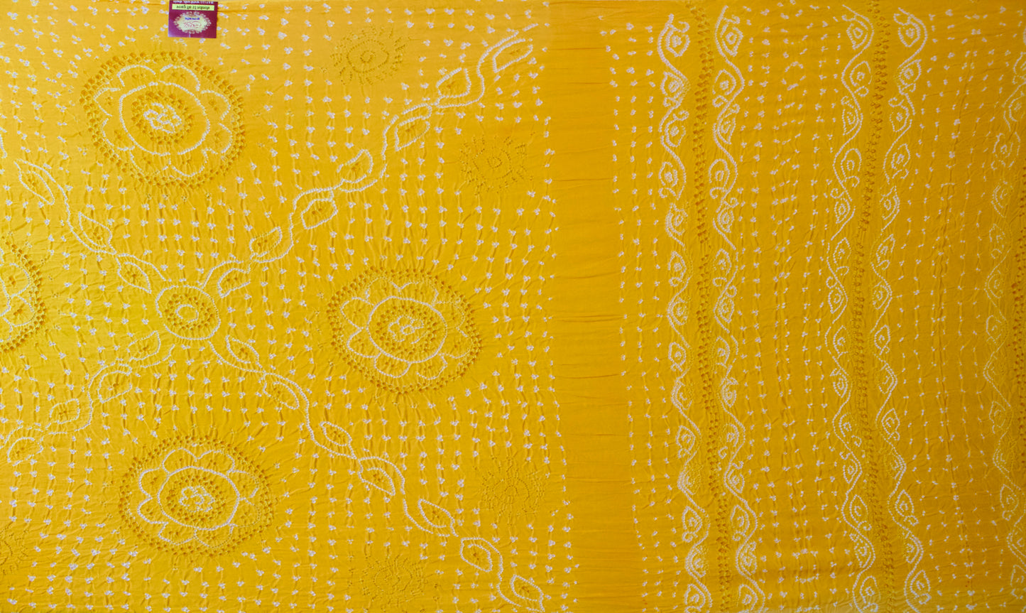 Yellow Pure Chinon Hand Bandhej Saree