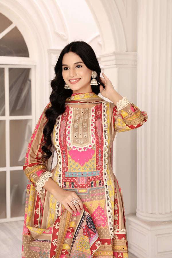 Royal Printed Suit Set With Elegant Neck Work And Print