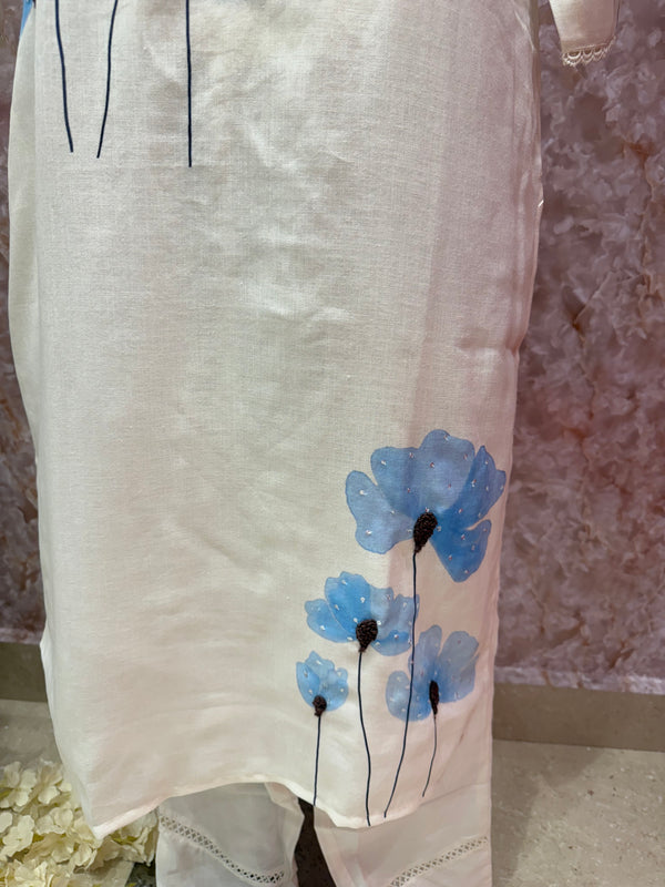 Elegant Off-White Floral Cotton Suit with Blue Accents