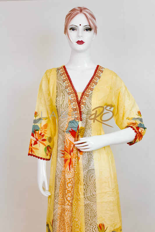 Premium Lemon Yellow Suit With Embroidery And Self Print