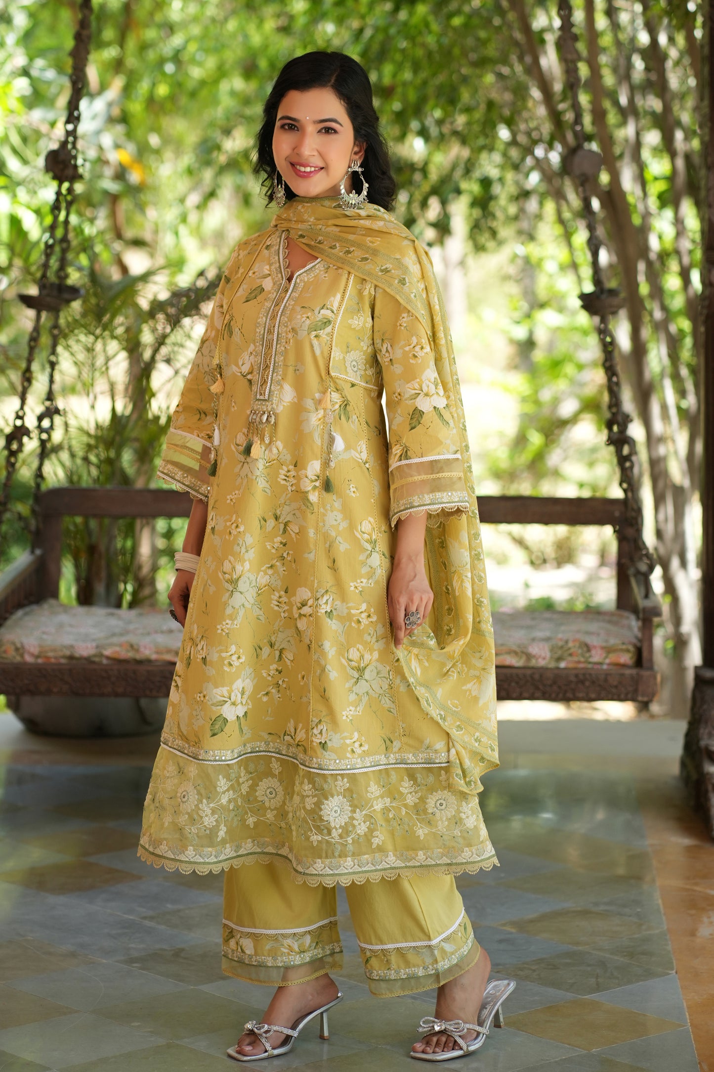 Yellow A-line Anarkali With Border