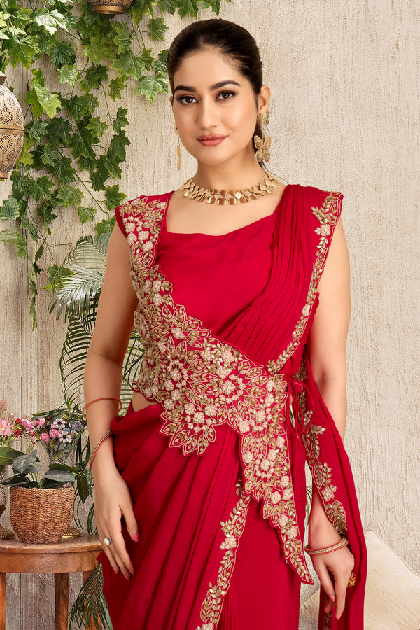 The Scarlet Red Draped Saree Gown with Gold Embroidery