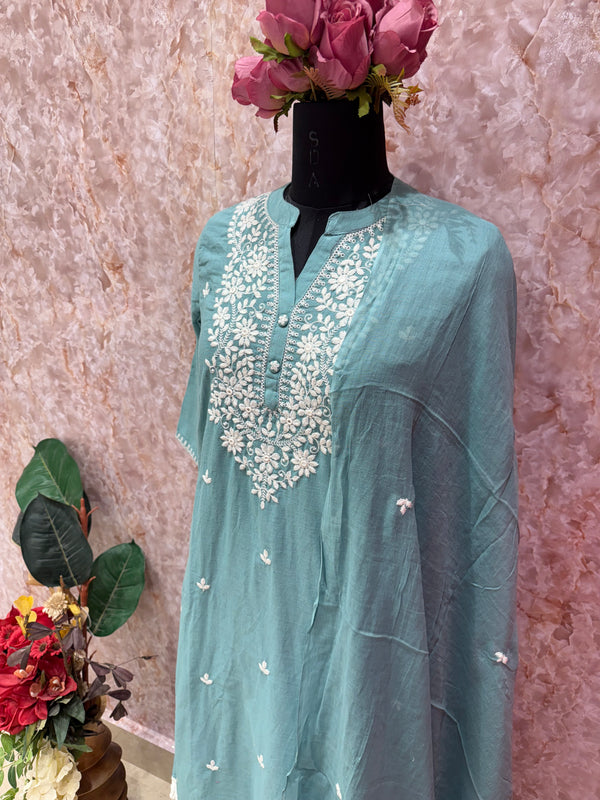 Mint Bloom: Highlight Embroidered Cotton Suit Set