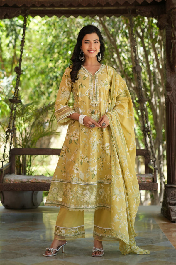 Yellow A-line Anarkali With Border