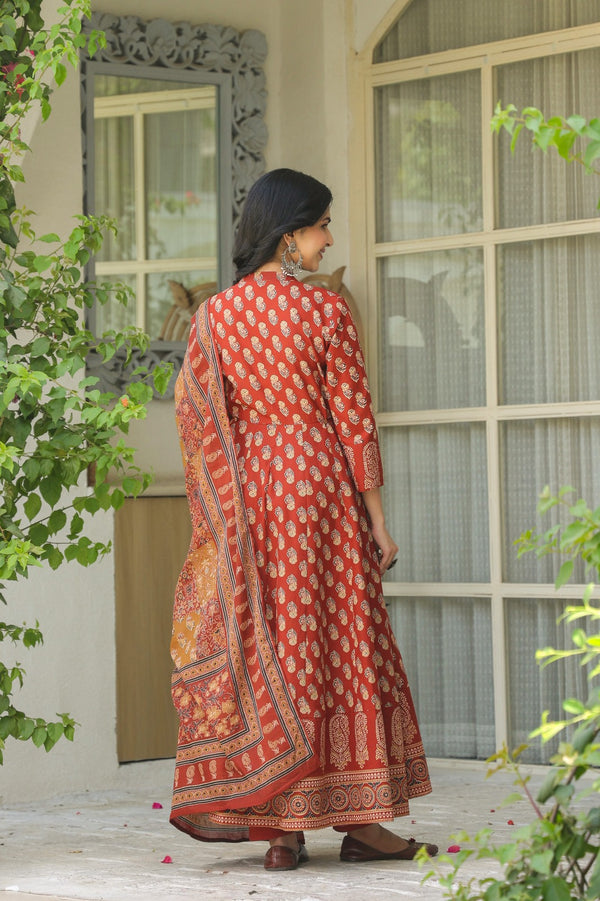 Gulnaar Rust Cotton Anarkali Set