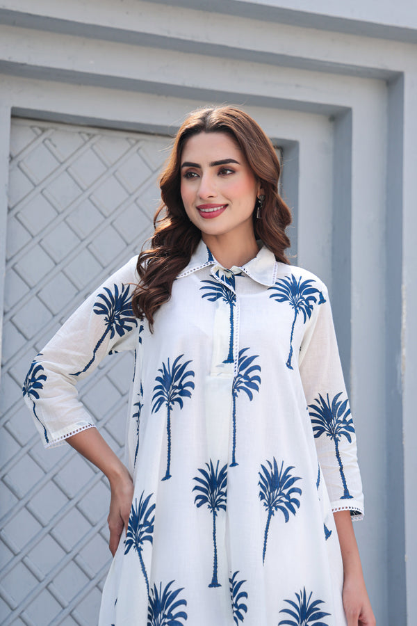 Palm Whisper – Modern White & Indigo Premium Cotton Co-ord Set