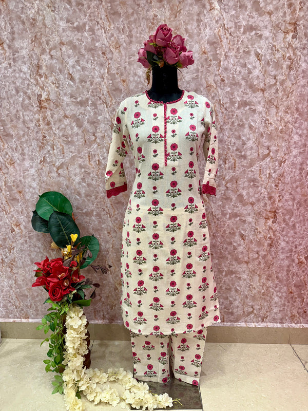 Blush Blossom: Rose Pink Floral Flex Cotton Kurta Set