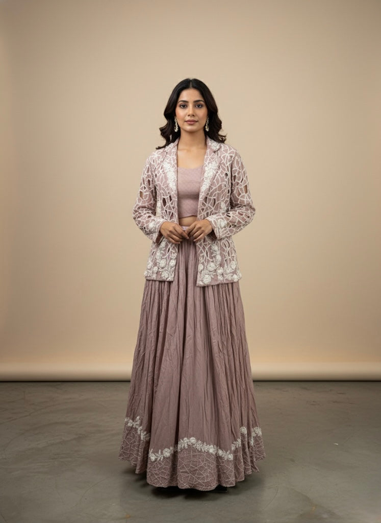 Lavender Embroidered Jacket Lehenga Set - Exquisite Crepe Ensemble