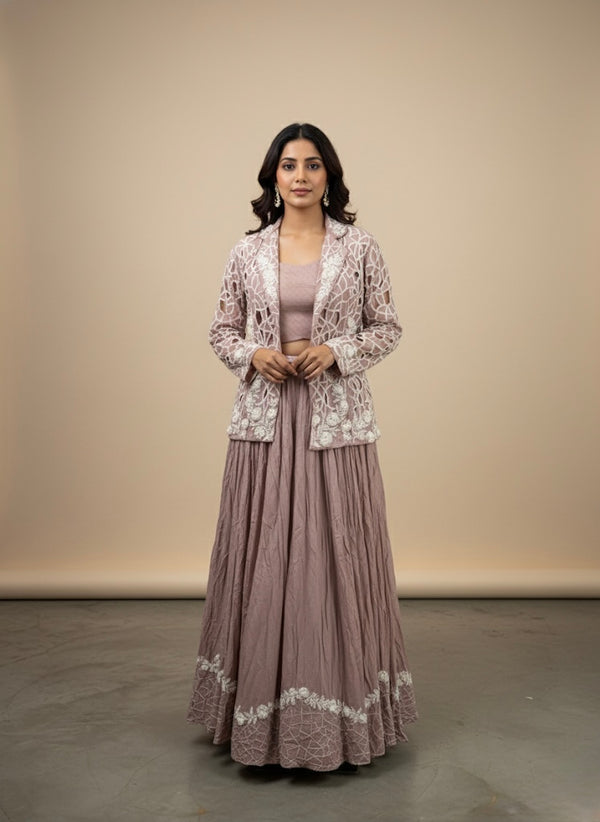 Lavender Embroidered Jacket Lehenga Set - Exquisite Crepe Ensemble