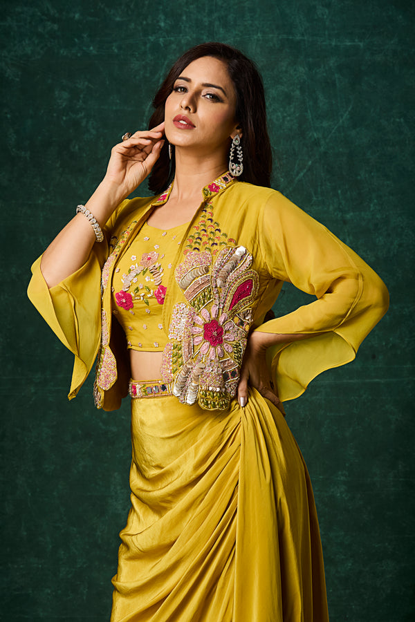 Mustard Yellow Draped Skirt Set with Embroidered Jacket