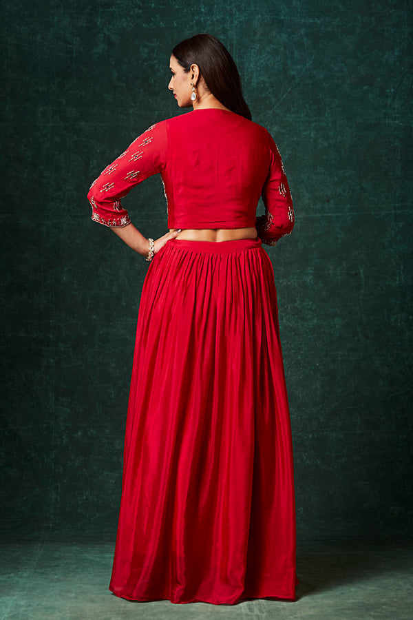 The Crimson Red Lehenga Set with Embroidered Jacket