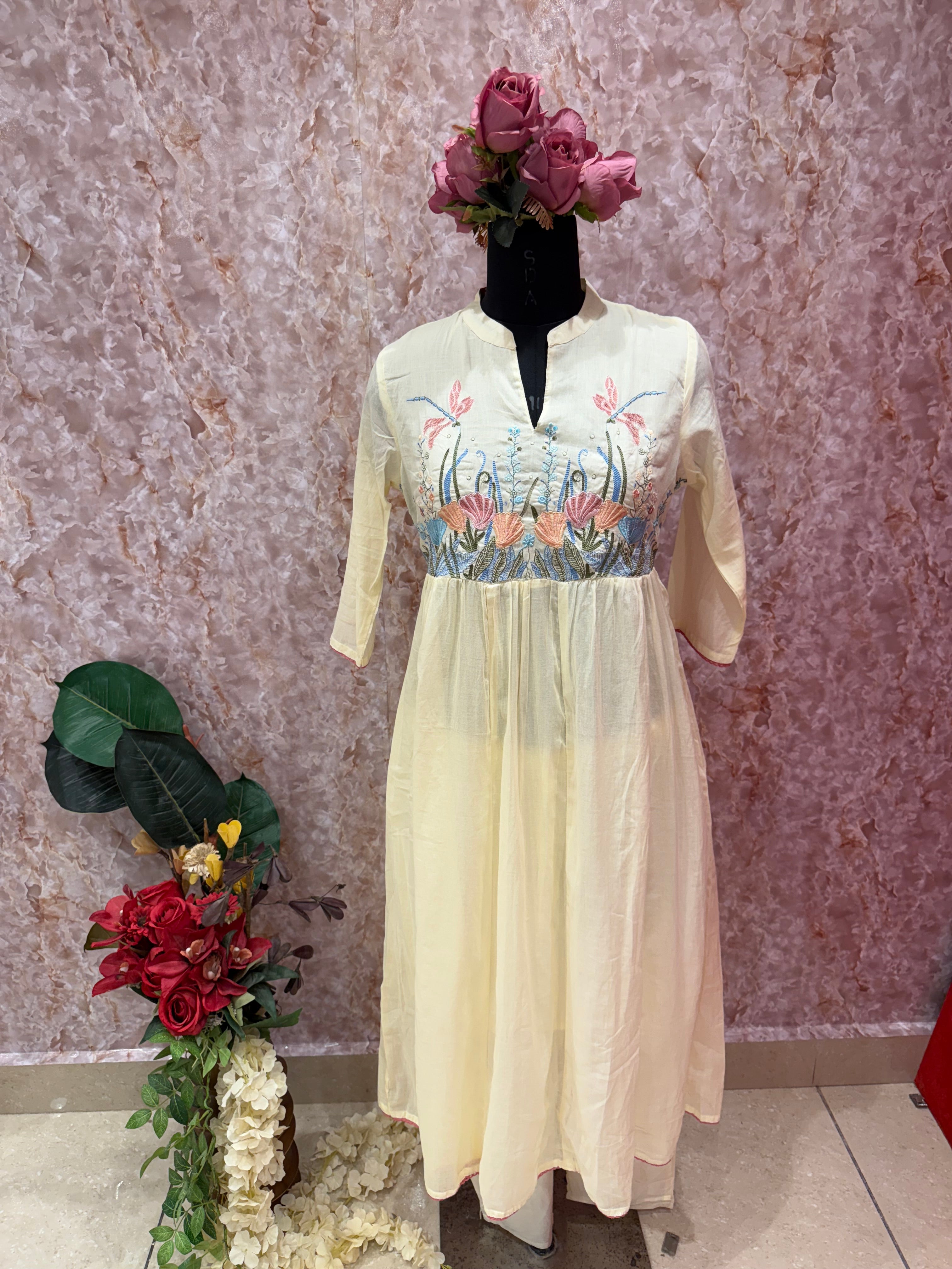 Sunshine Meadow: Soft Yellow Mul Cotton Anarkali Set