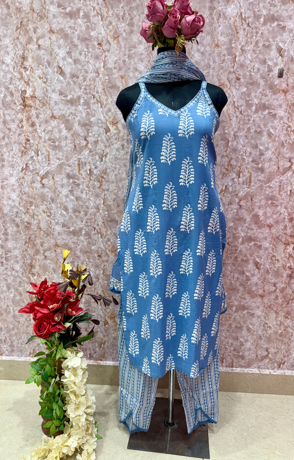 Elegant Indigo Handblock Printed Cotton Suit Set