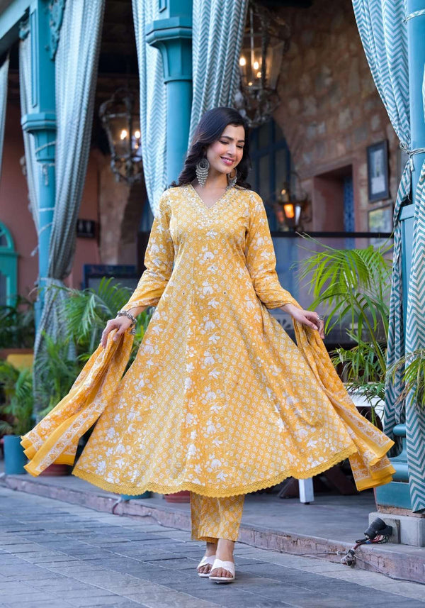 yellow A-Line Cotton Suit