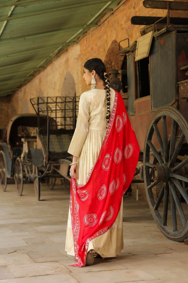 Pure Banarasi Silk Gottapati Cream Suit