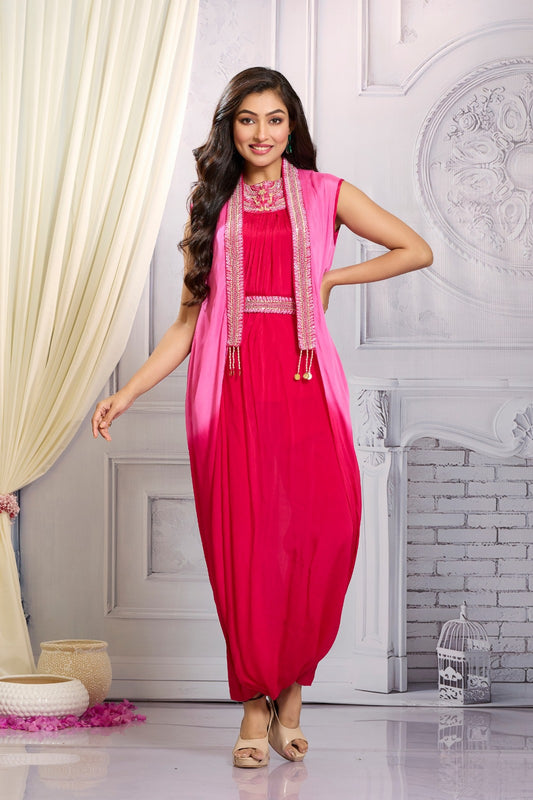 Pink Ombre Dyed Chinon Silk Dress With Pants