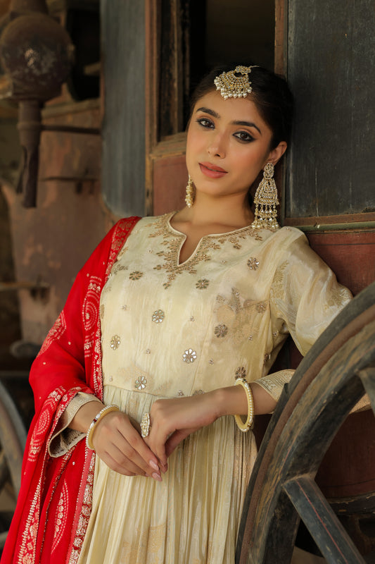 Pure Banarasi Silk Gottapati Cream Suit